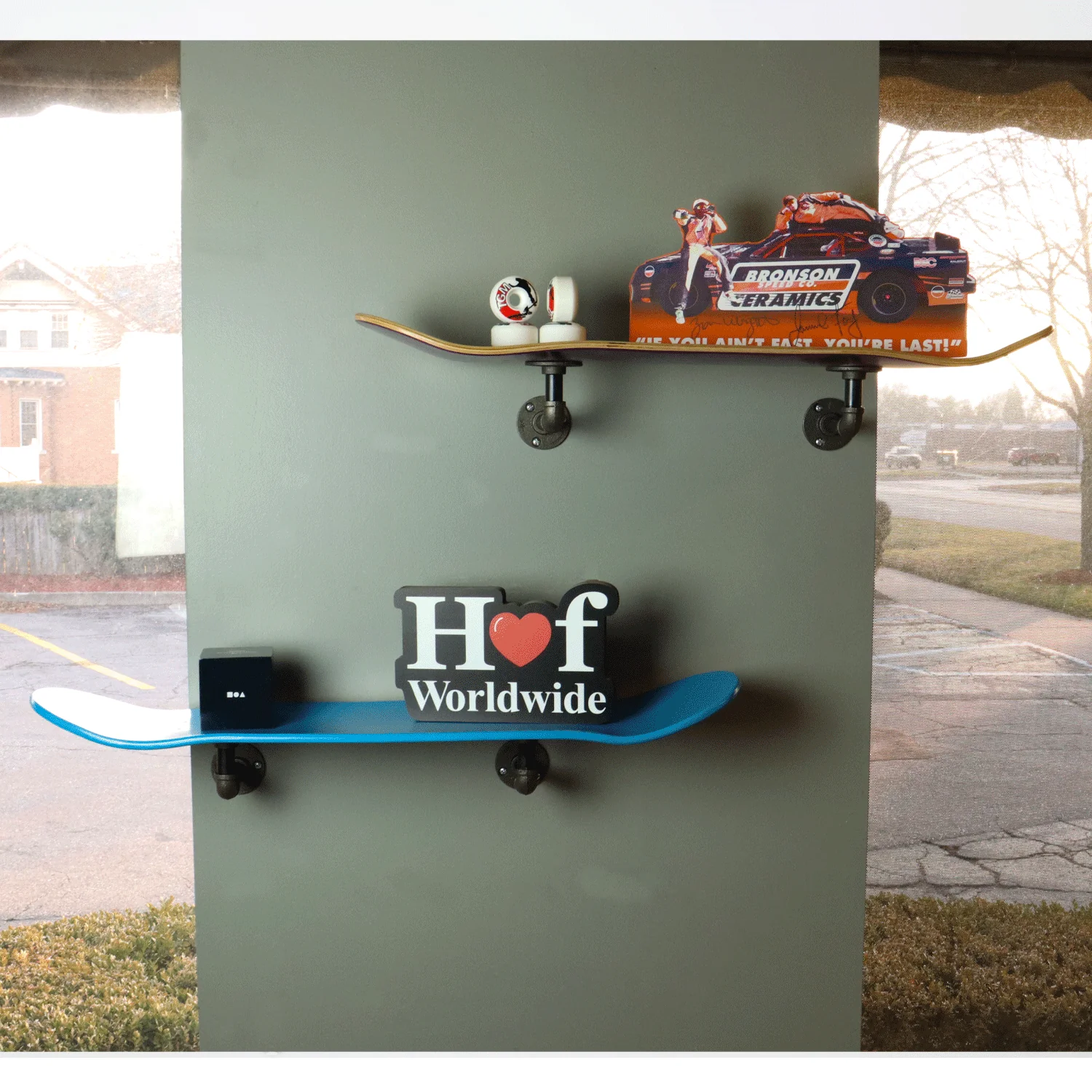 Floating Industrial Style Maple Skateboard Deck Shelf with Pipe Mounting System 7.75" Dipped Black - Image 4
