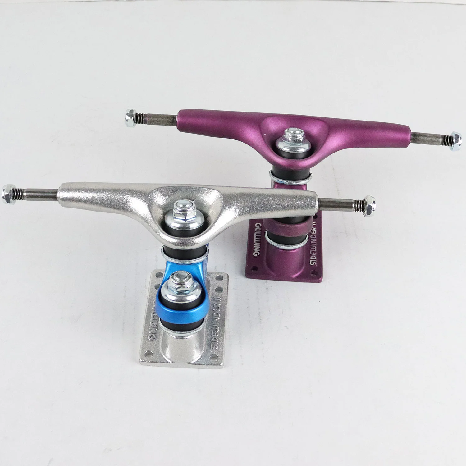 Gullwing Sidewinder Longboard Trucks Mismatched Set 9" Axle Purple/Silver