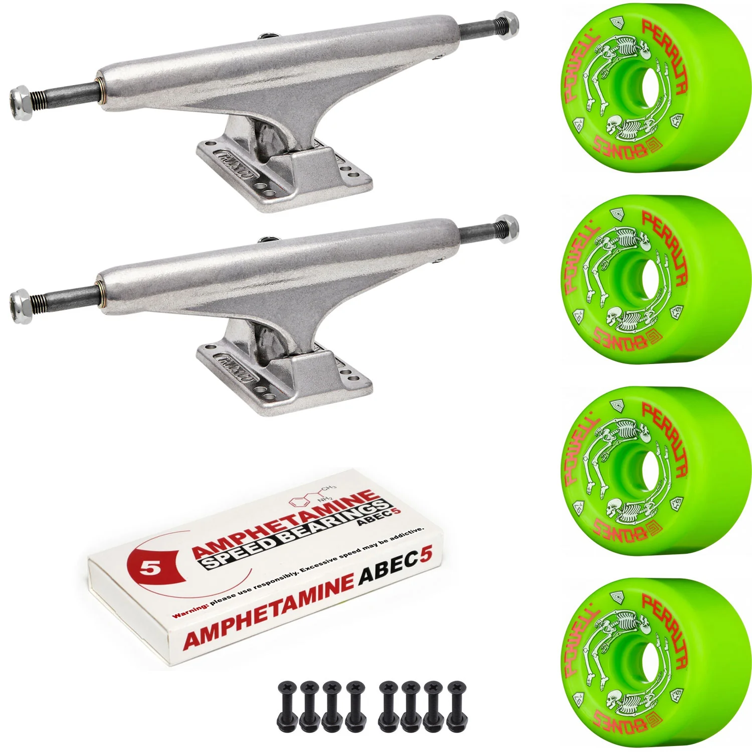 Independent Skateboard Package - 169 (9.12") Trucks, Powell Peralta G-Bones Green Wheels, Amp 5 Bearings