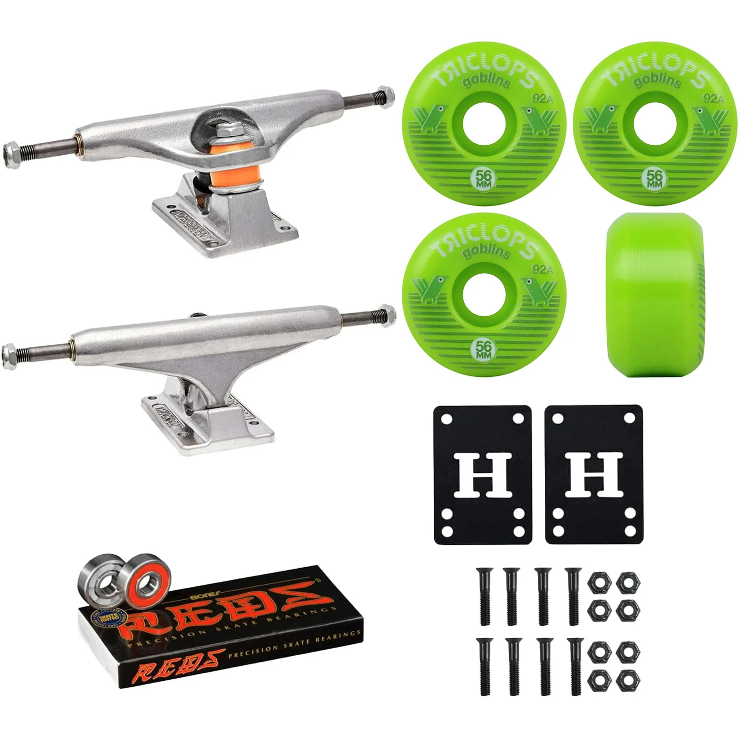 Independent Skateboard Trucks 149 (8.5") Triclops Wheels 56mm 92A, Bones Reds