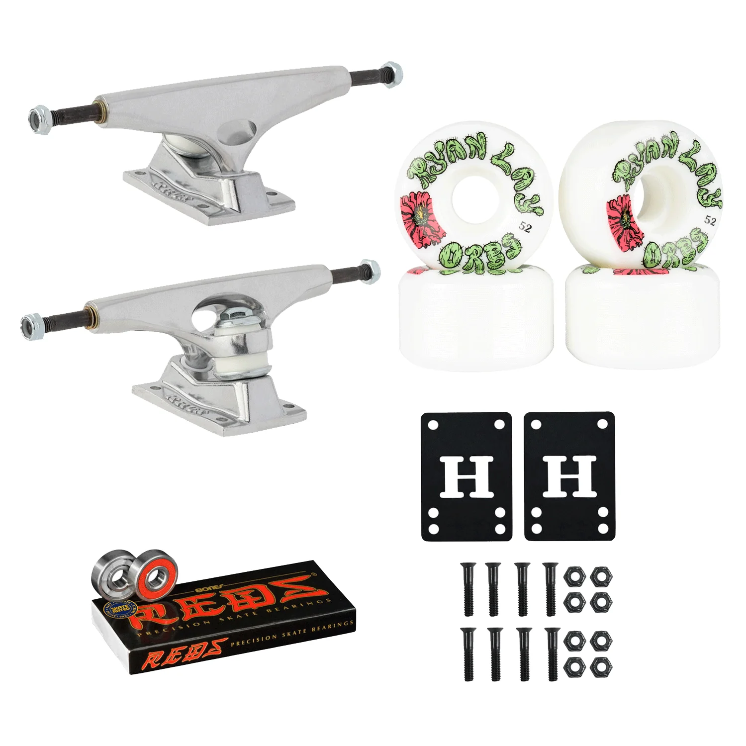 Krux Skateboard Trucks DLK Raw 8.25" Welcome Specter 52mm, Bones Reds Bearings