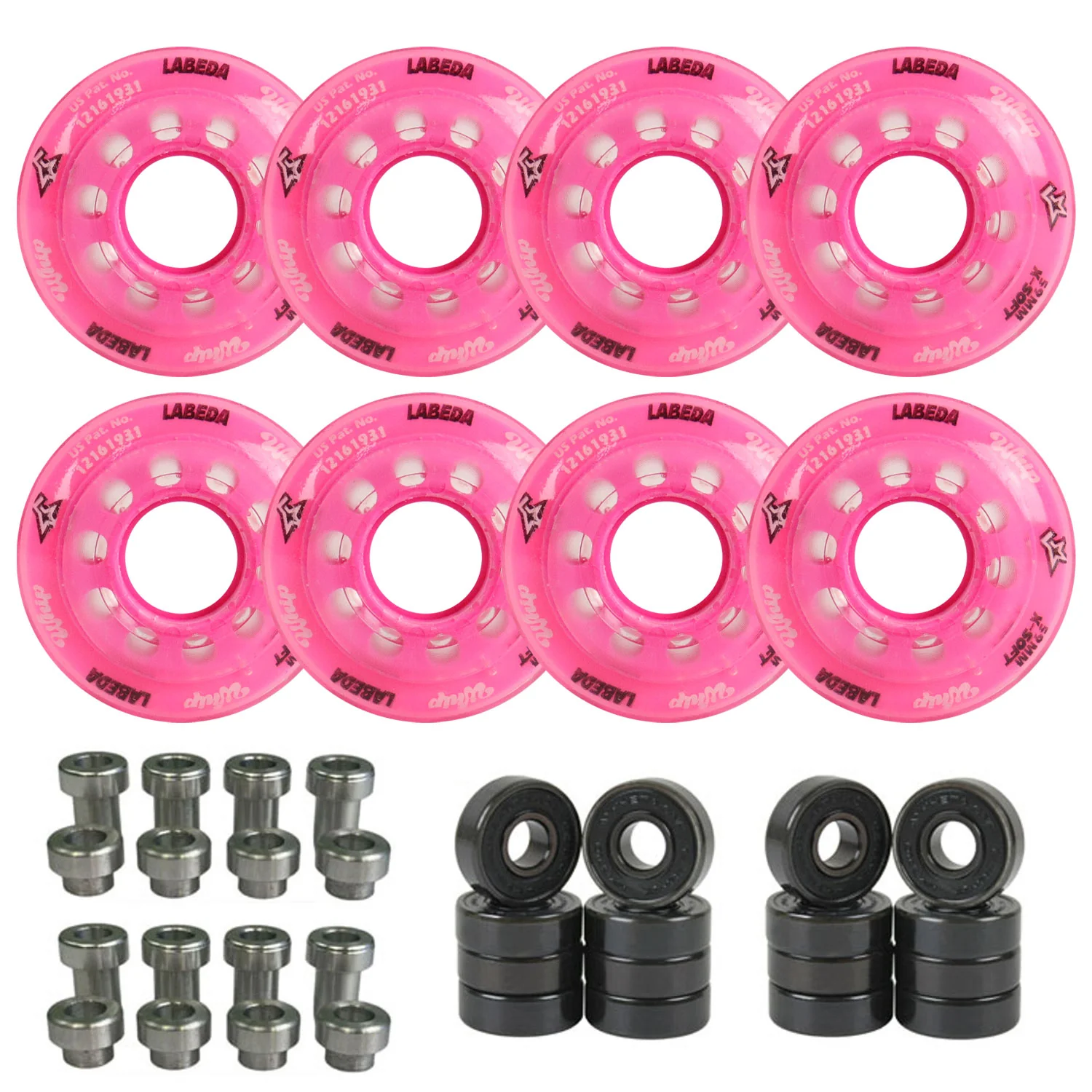 Labeda Whips Roller Hockey Wheels - Pink X-Soft 59mm - 8-Pack with Evo Spacers and Hybrid Ceramic Bearings