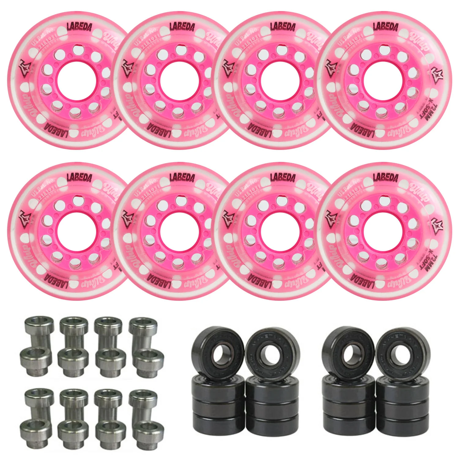 Labeda Whips Roller Hockey Wheels - Pink X-Soft 72mm - 8-Pack with Evo Spacers and Hybrid Ceramic Bearings