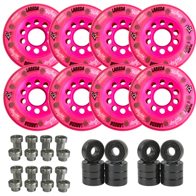 Labeda Whips Roller Hockey Wheels - Pink X-Soft 76mm - 8-Pack with Evo Spacers and Hybrid Ceramic Bearings