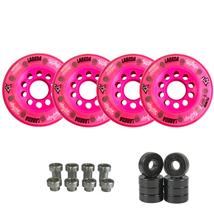 Labeda Whips Roller Hockey Wheels - Pink X-Soft 80mm - 4-Pack with Evo Spacers and Hybrid Ceramic Bearings