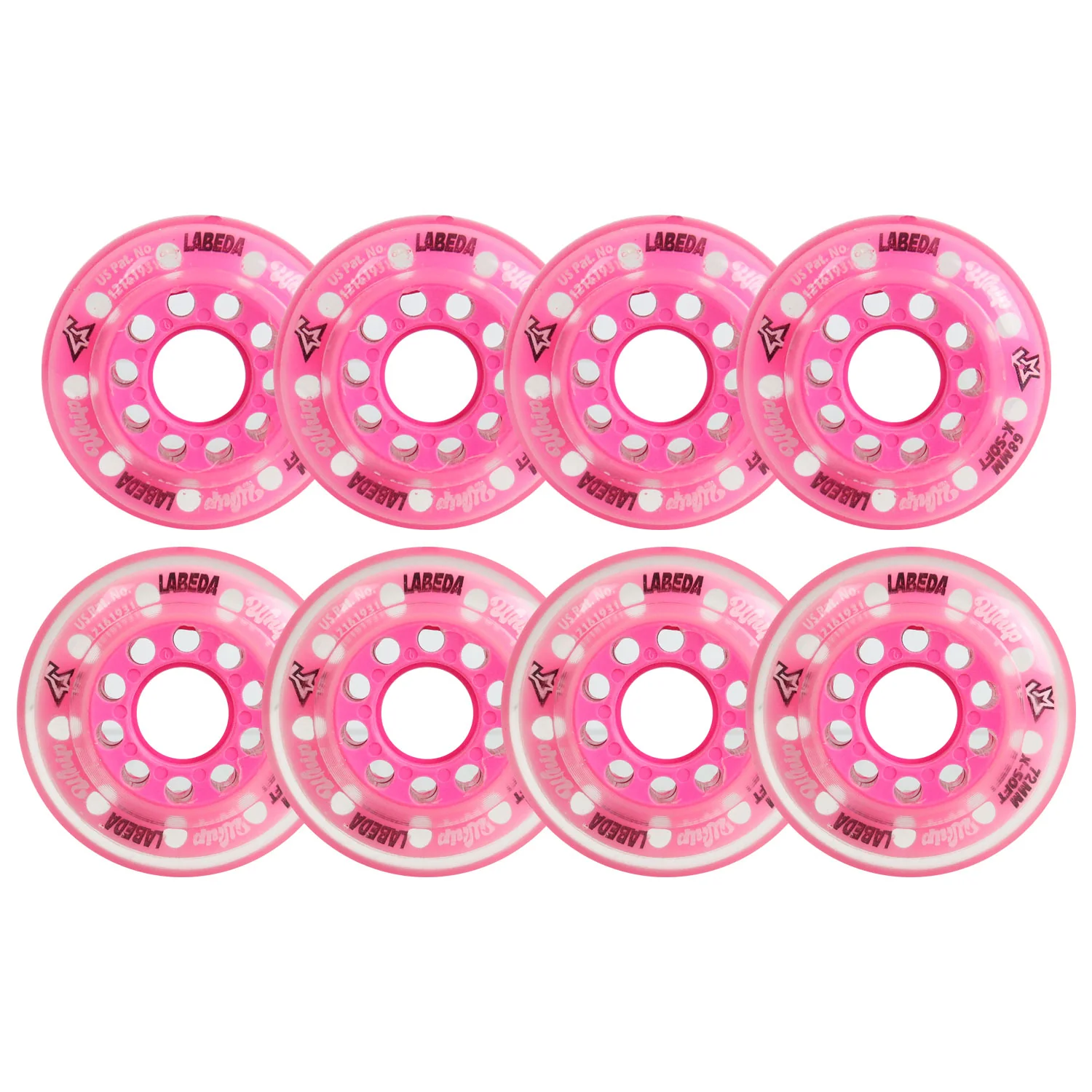 Labeda Whips Roller Hockey Wheels - Pink X-Soft Youth HiLo Set 68mm/72mm - 8-Pack with Evo Spacers