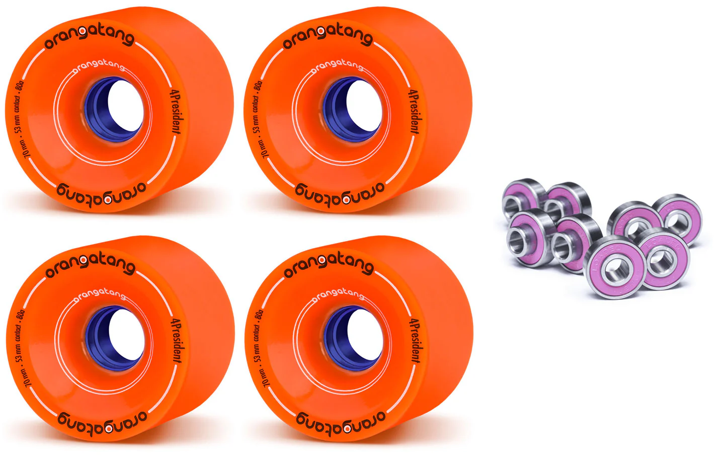 Orangatang Longboard Wheels 4President Orange 70mm 80A with Loaded Jehu V2 Bearings