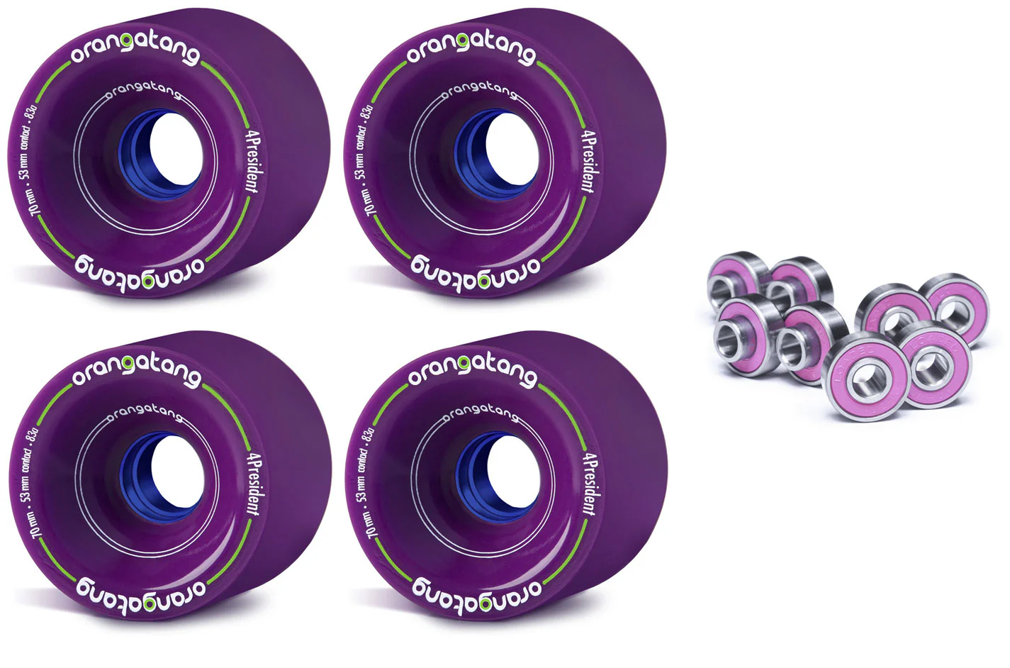 Orangatang Longboard Wheels 4President Purple 70mm 83A with Loaded Jehu V2 Bearings