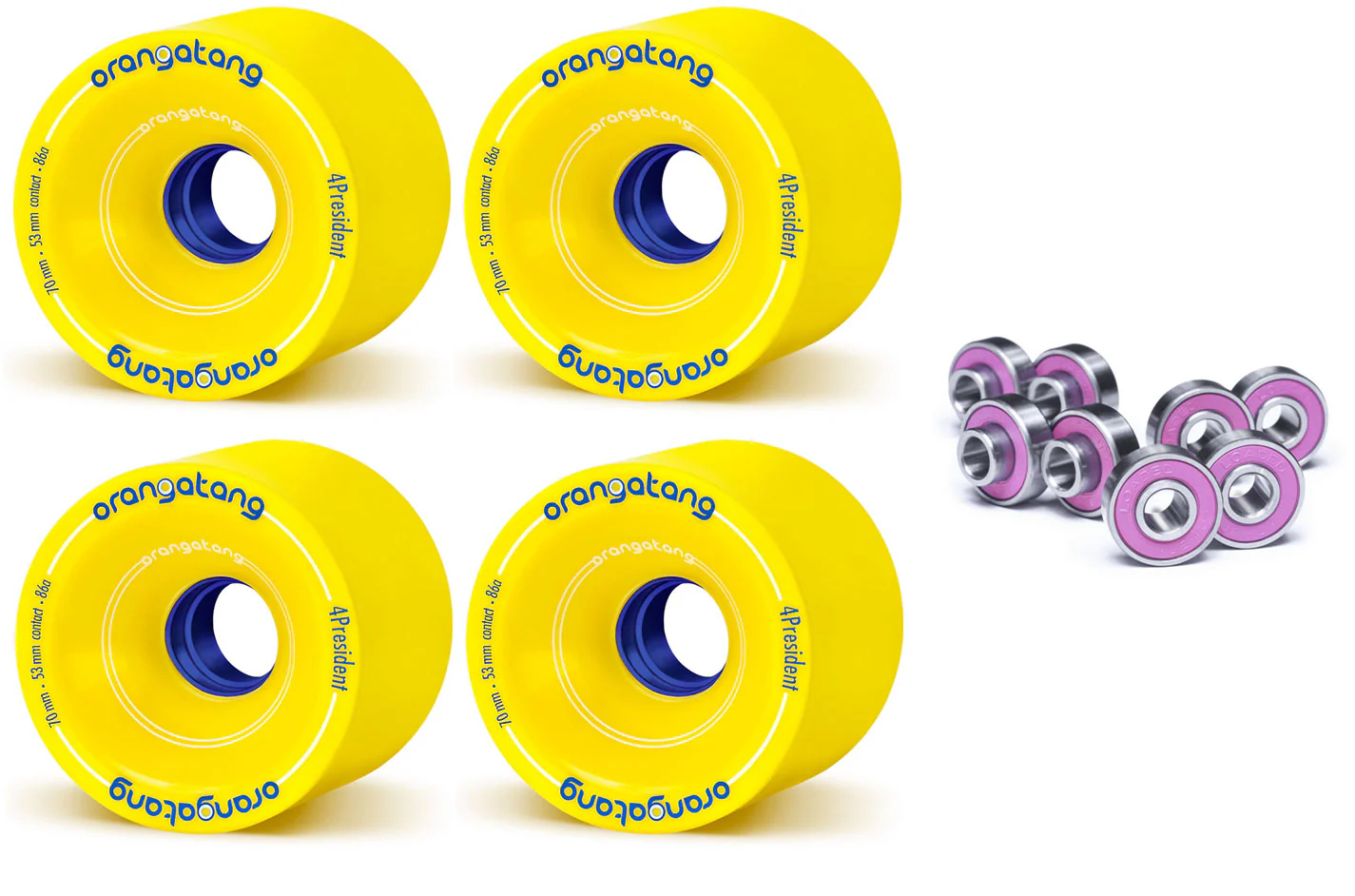 Orangatang Longboard Wheels 4President Yellow 70mm 86A with Loaded Jehu V2 Bearings
