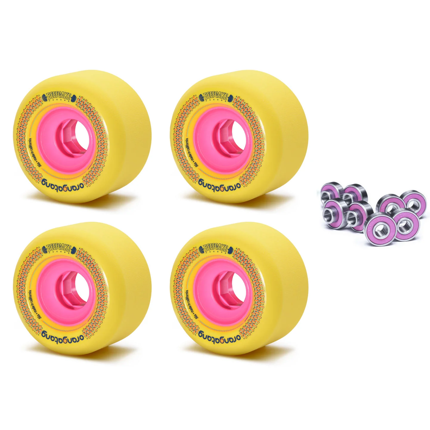 Orangatang Longboard Wheels Beefcake Yellow 73mm 86A with Loaded Jehu V2 Bearings