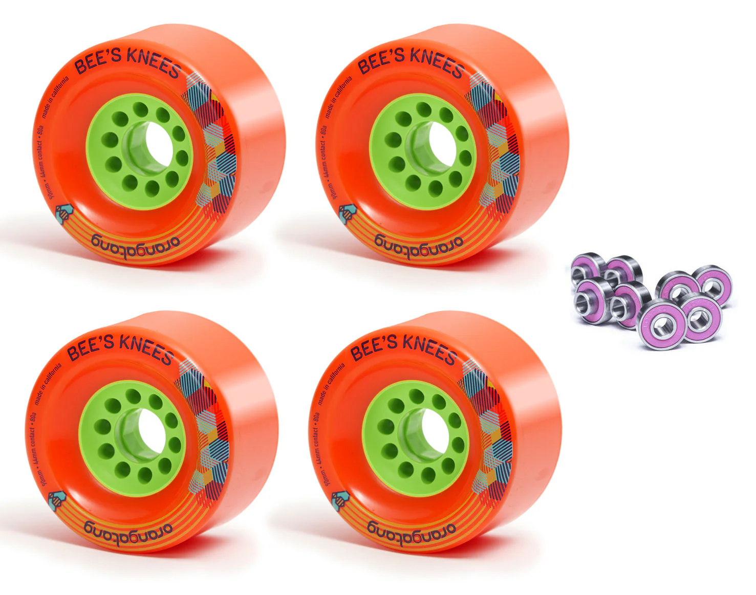 Orangatang Longboard Wheels Bees Knees Orange 90mm 80A with Loaded Jehu V2 Bearings