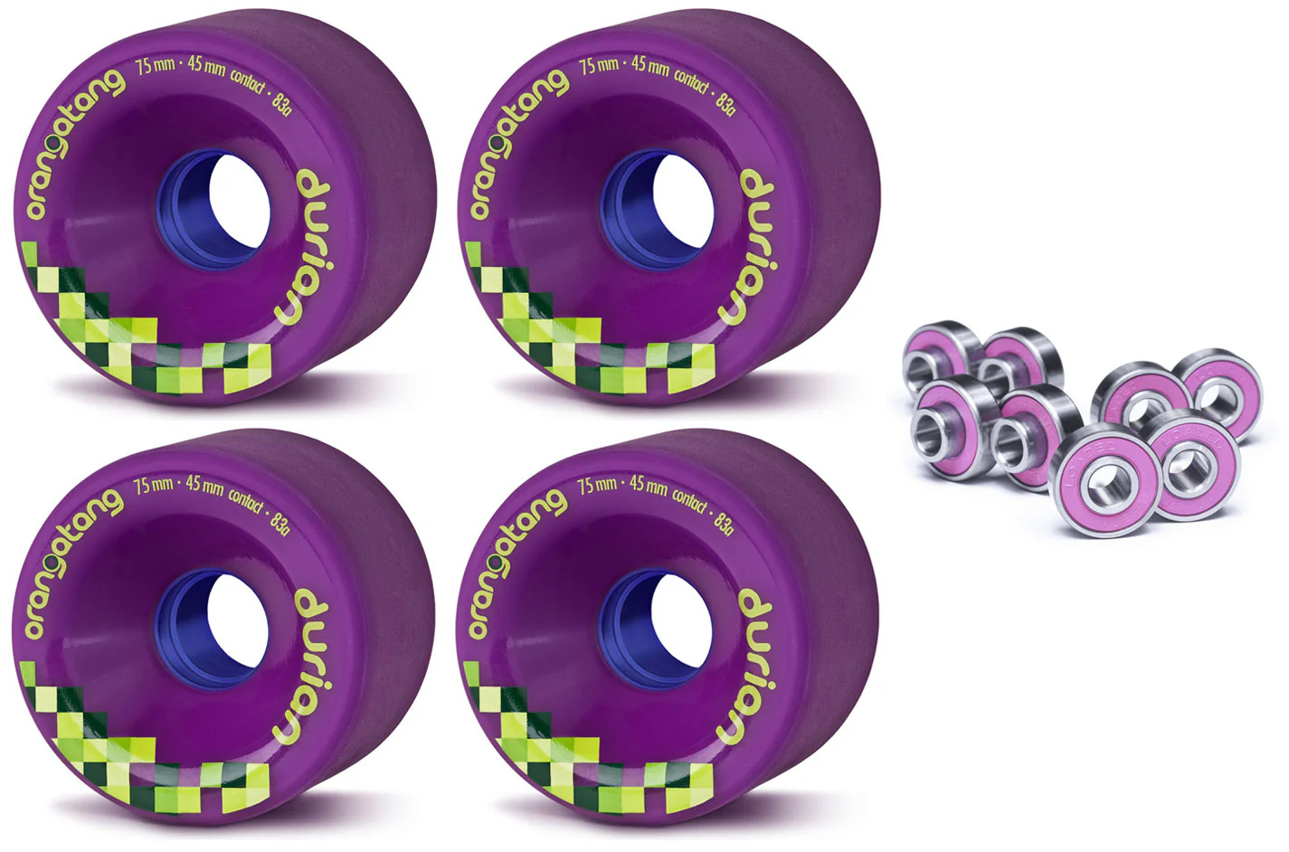 Orangatang Longboard Wheels Durian Purple 75mm 83A with Loaded Jehu V2 Bearings