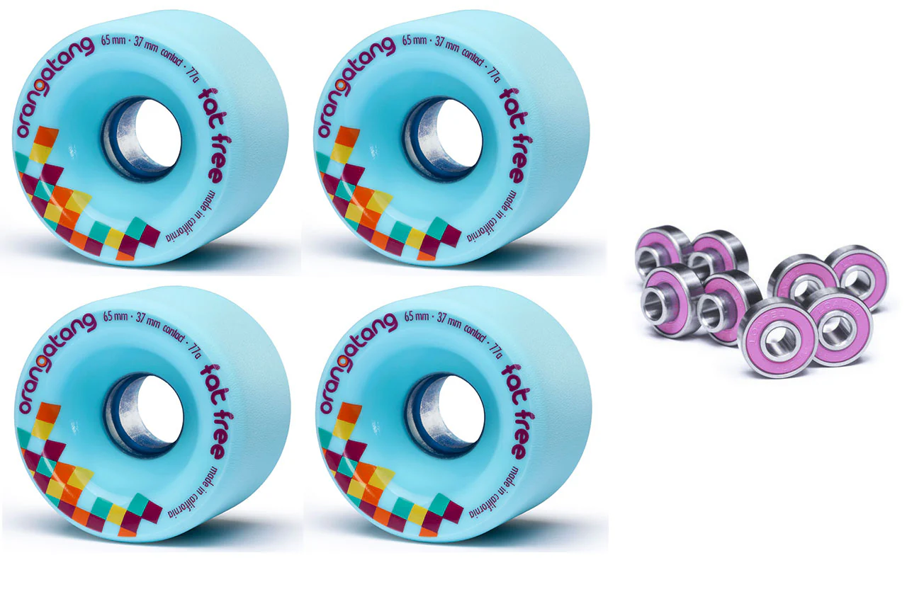 Orangatang Longboard Wheels Fat Free Blue 65mm 77A with Loaded Jehu V2 Bearings