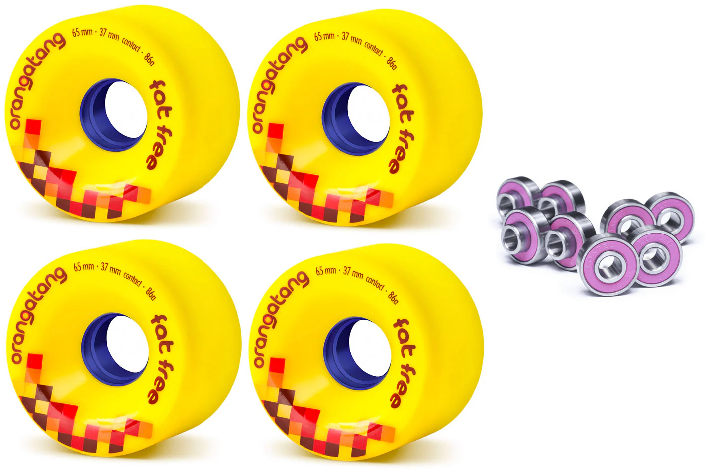 Orangatang Longboard Wheels Fat Free Yellow 65mm 86A with Loaded Jehu V2 Bearings