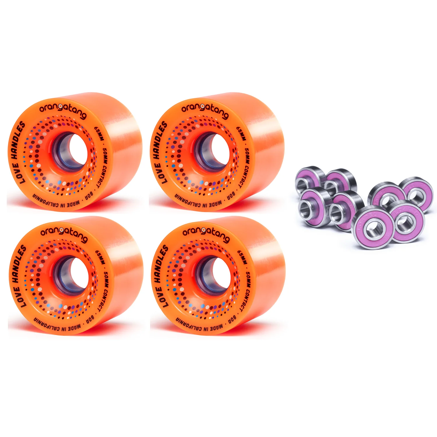 Orangatang Longboard Wheels Love Handles Orange 65mm 80A with Loaded Jehu V2 Bearings