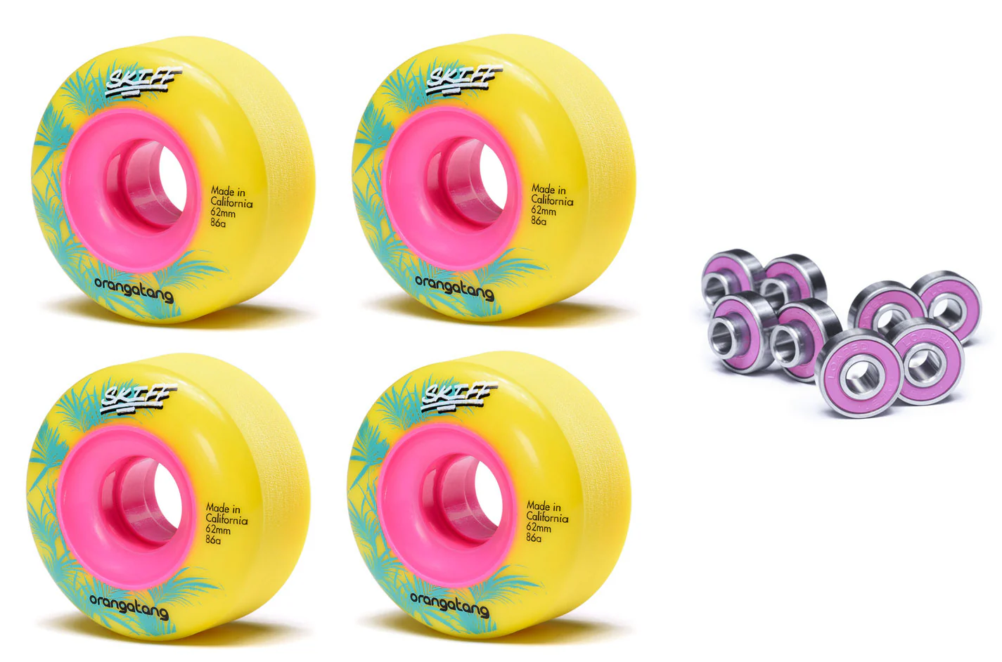 Orangatang Longboard Wheels Skiff Slasher Yellow 62mm 86A with Loaded Jehu V2 Bearings