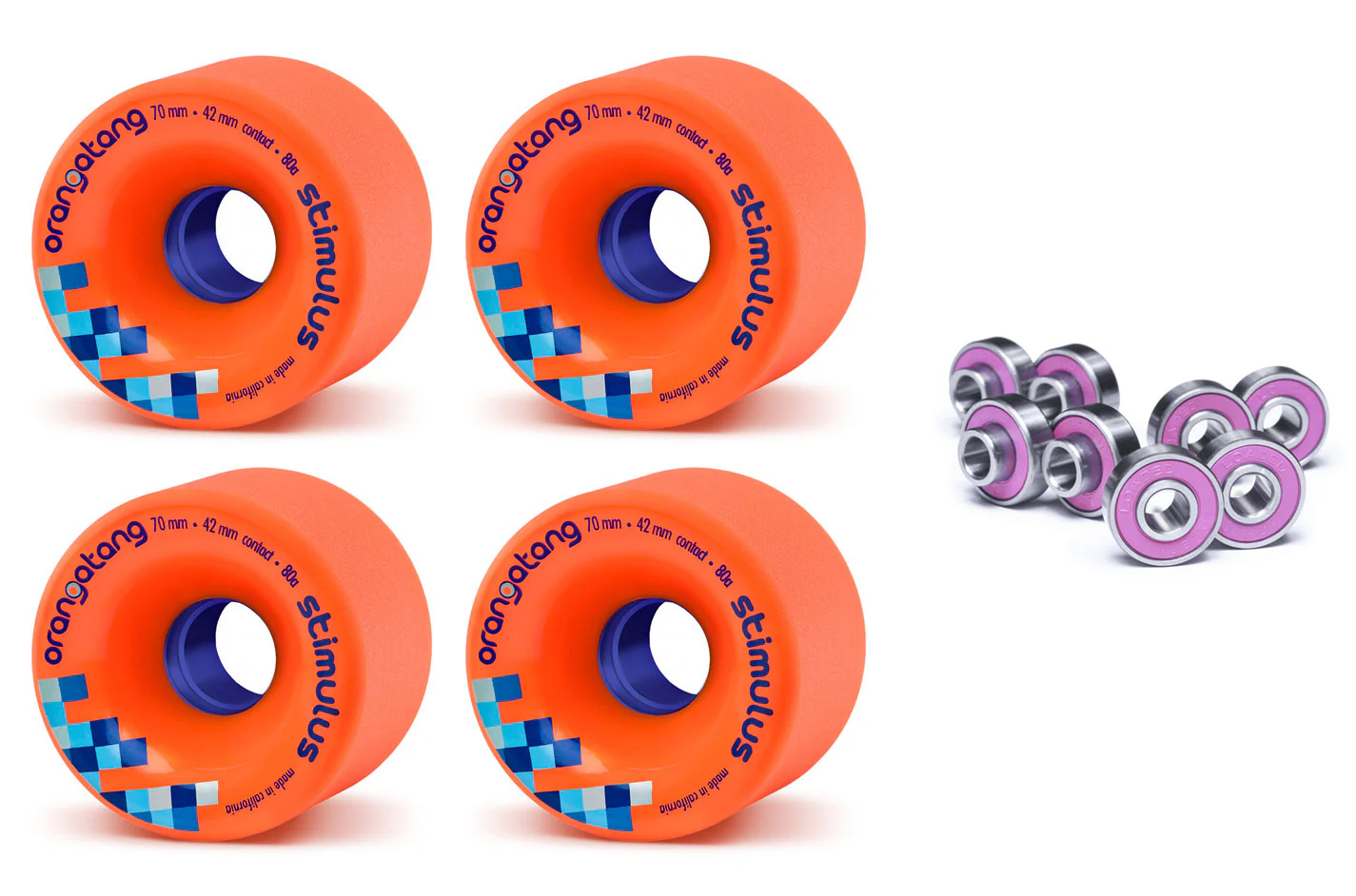 Orangatang Longboard Wheels Stimulus Orange 70mm 80A with Loaded Jehu V2 Bearings