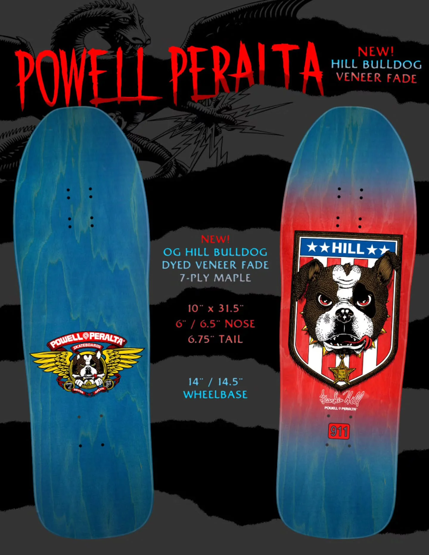 Powell Peralta Skateboard Complete Hill Bulldog Blue/Red Fade Old School Reissue - Image 6