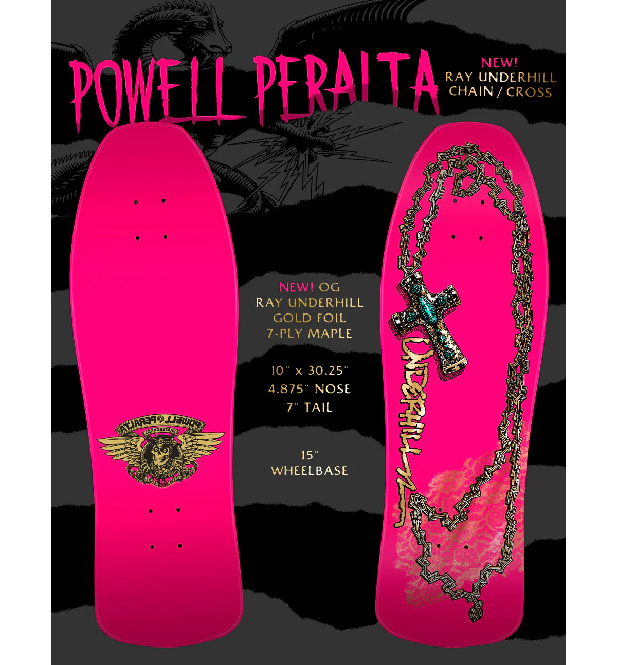 Powell Peralta Skateboard Deck Underhill Cross Pink Foil Old School Reissue - Image 3