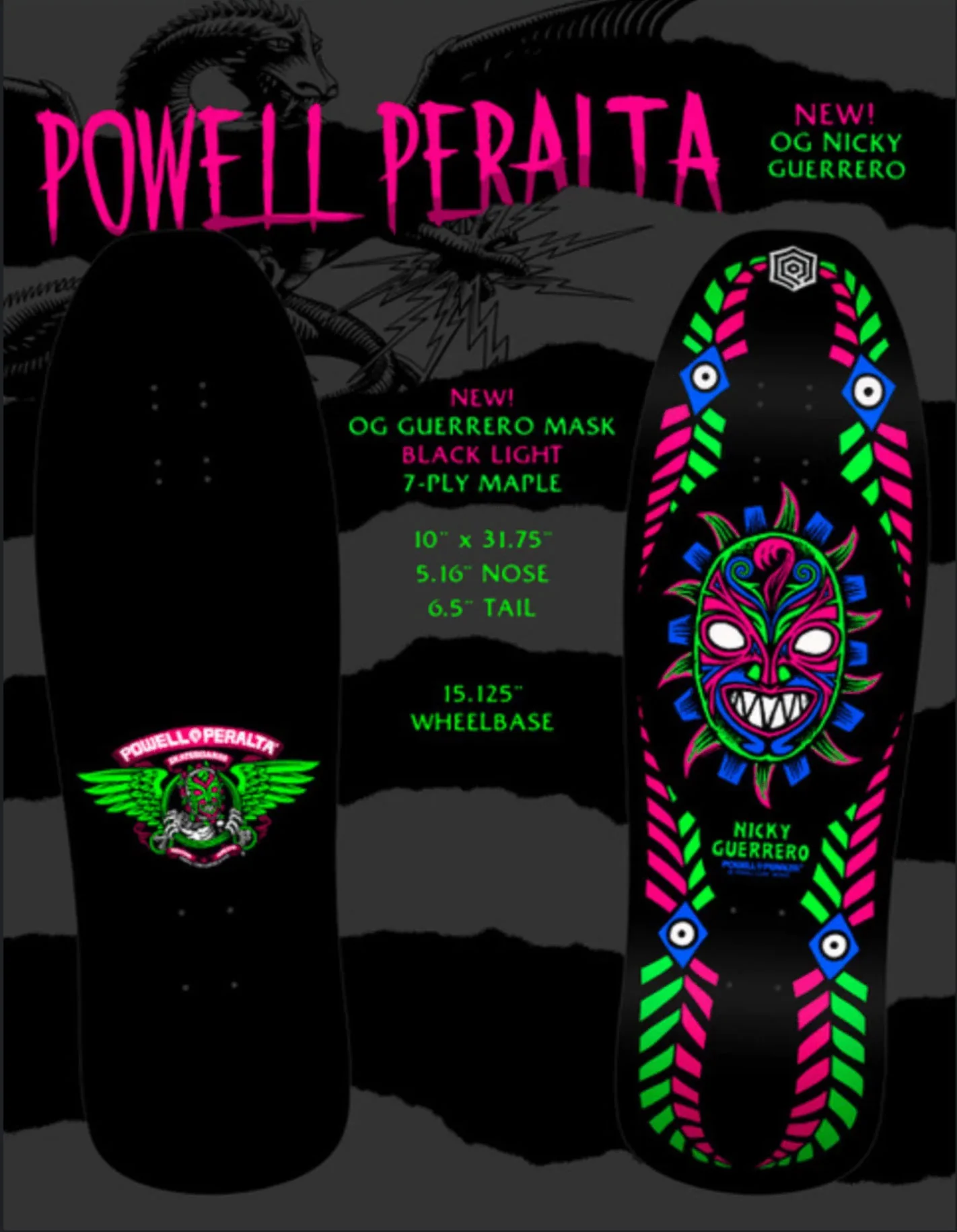 Powell Peralta Skateboard Nicky Guerrero Mask Blacklight / Independent / Rat Bones Blue - Image 6