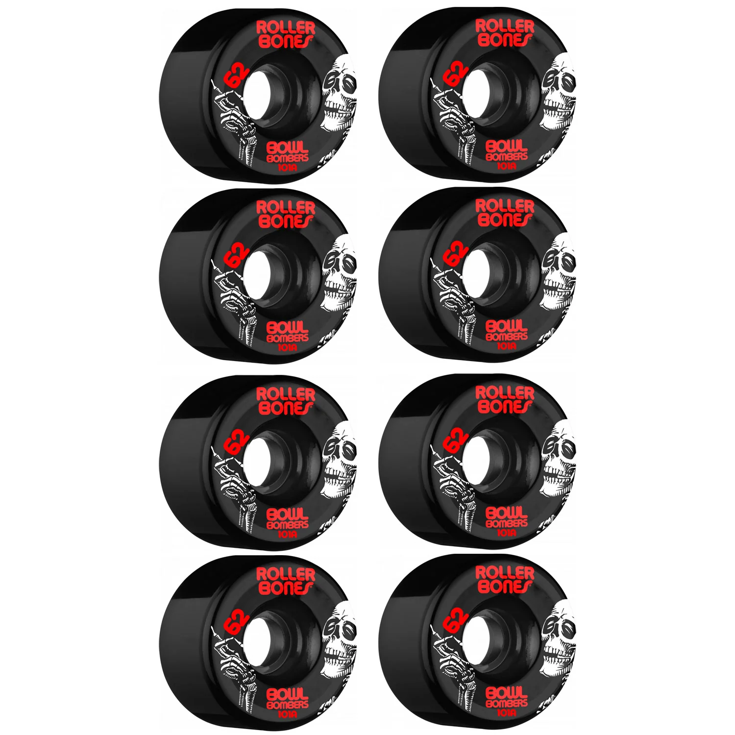 Rollerbones Quad Skate Wheels 62mm x 30mm Bowl Bombers 8-Pack 101A Black