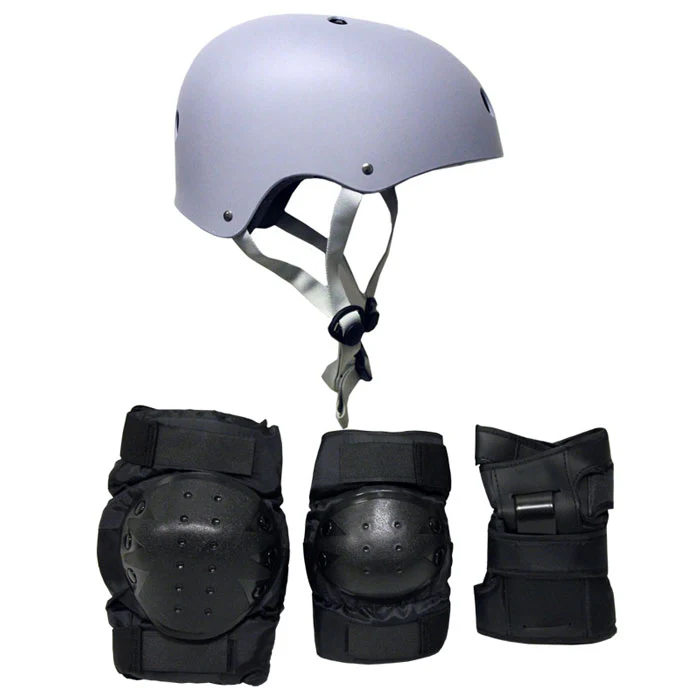 Skateboard Helmet Elbow/Knee/Wrist Pad Combo Skateboarding Skate Park Safety Kit Grey Helmet Large Pads