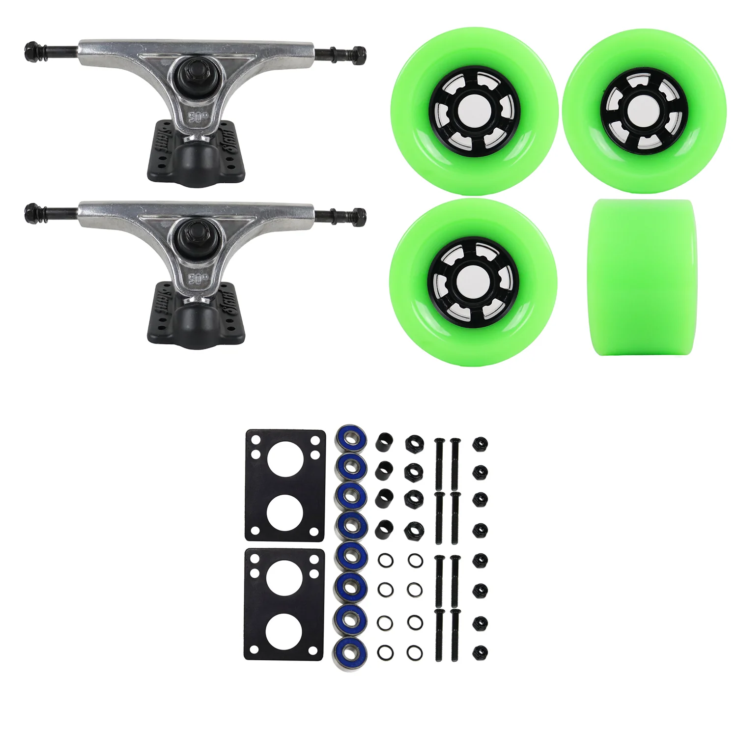 Slant Longboard Trucks with Extra Large Wheels, Abec 7 Bearings, Hardware, and Risers - Image 44