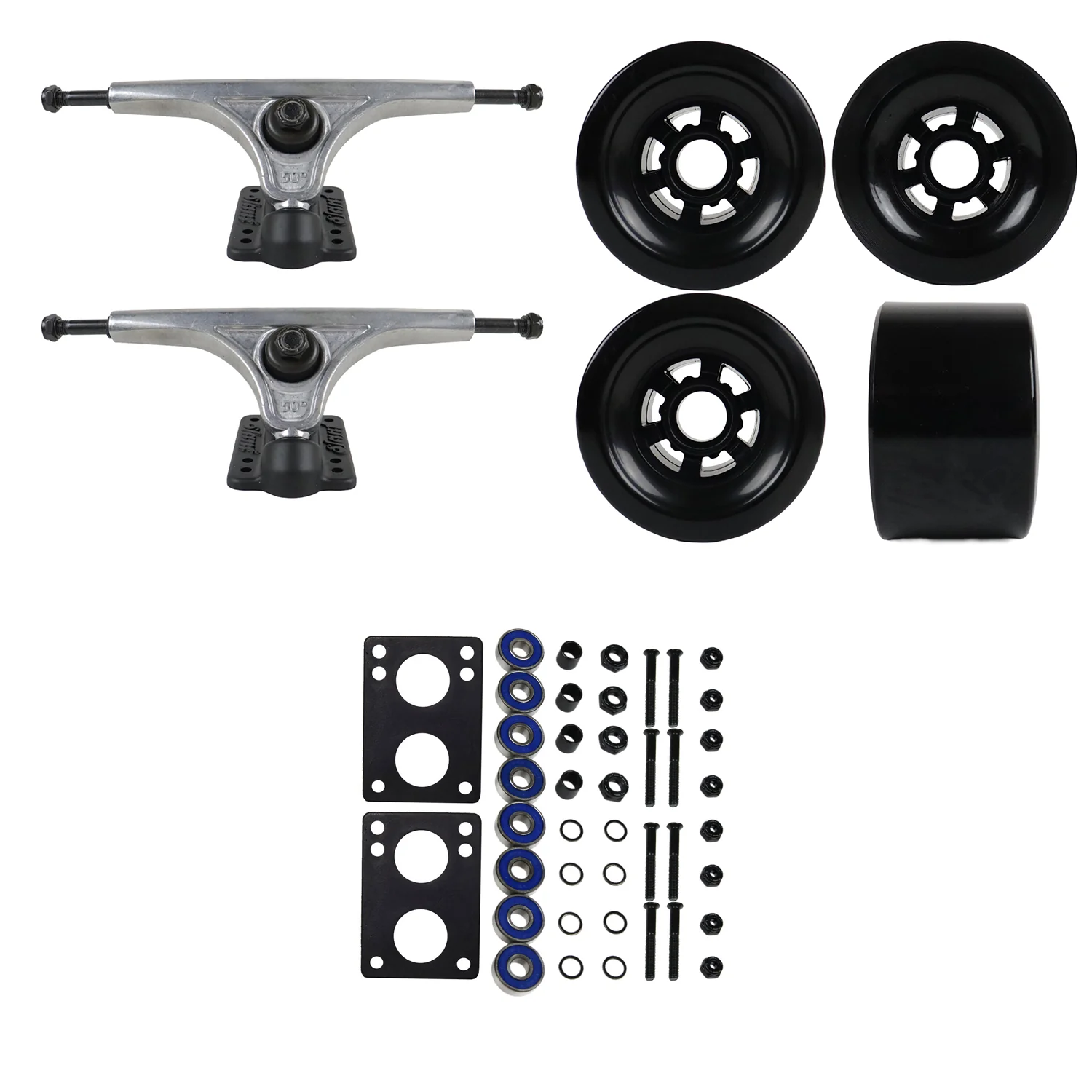 Slant Longboard Trucks with Extra Large Wheels, Abec 7 Bearings, Hardware, and Risers - Image 8