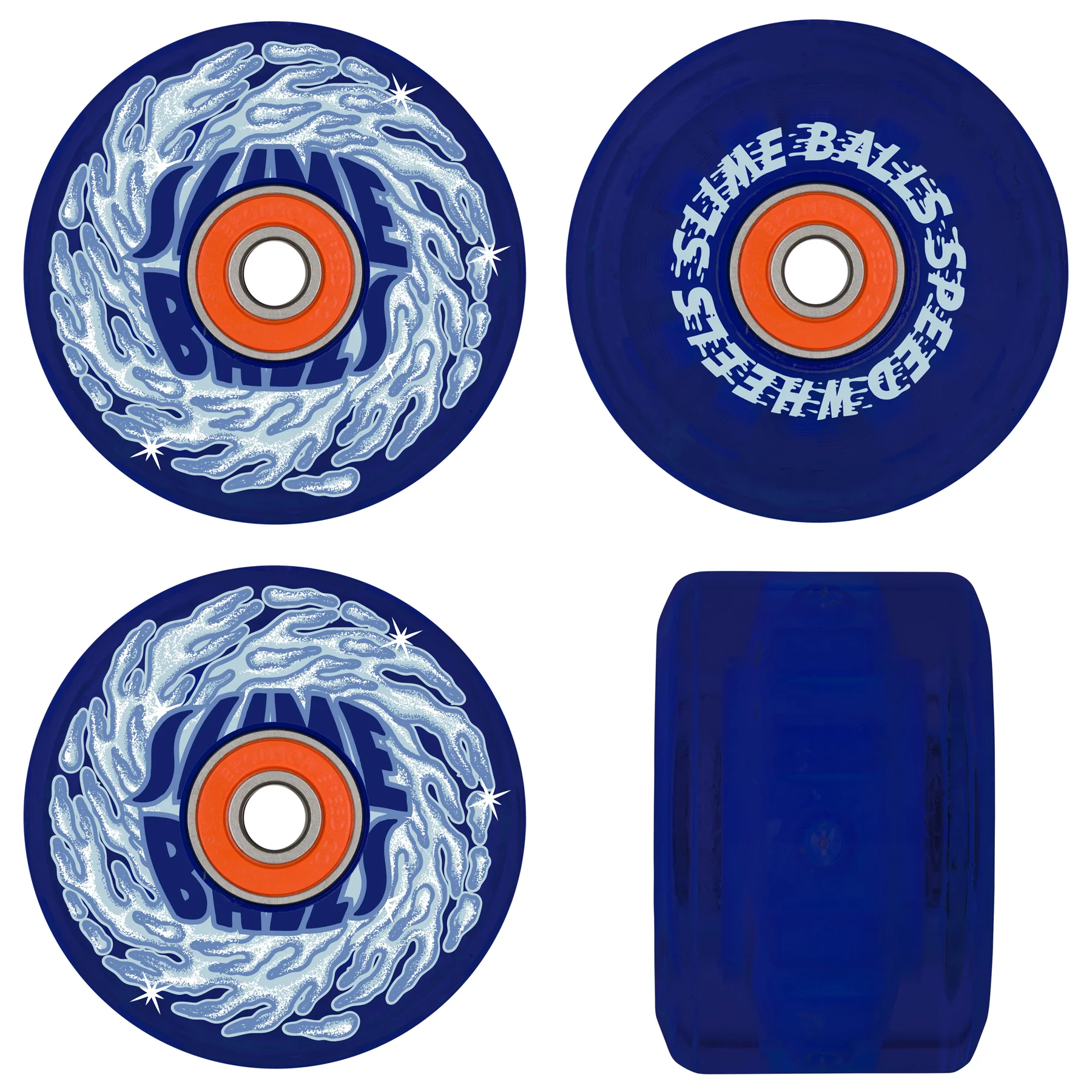 Slime Balls Skateboard Wheels 66mm Ice Light Ups OG Slime 78A Blue w/ Bronson Bearings