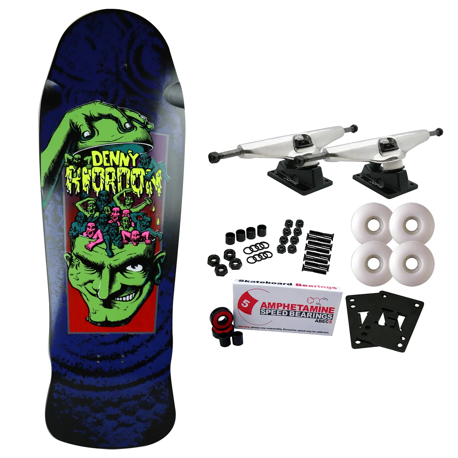 Toxic Skateboard Complete Denny Riordon Green Face 10.25" x 30.75" Old School