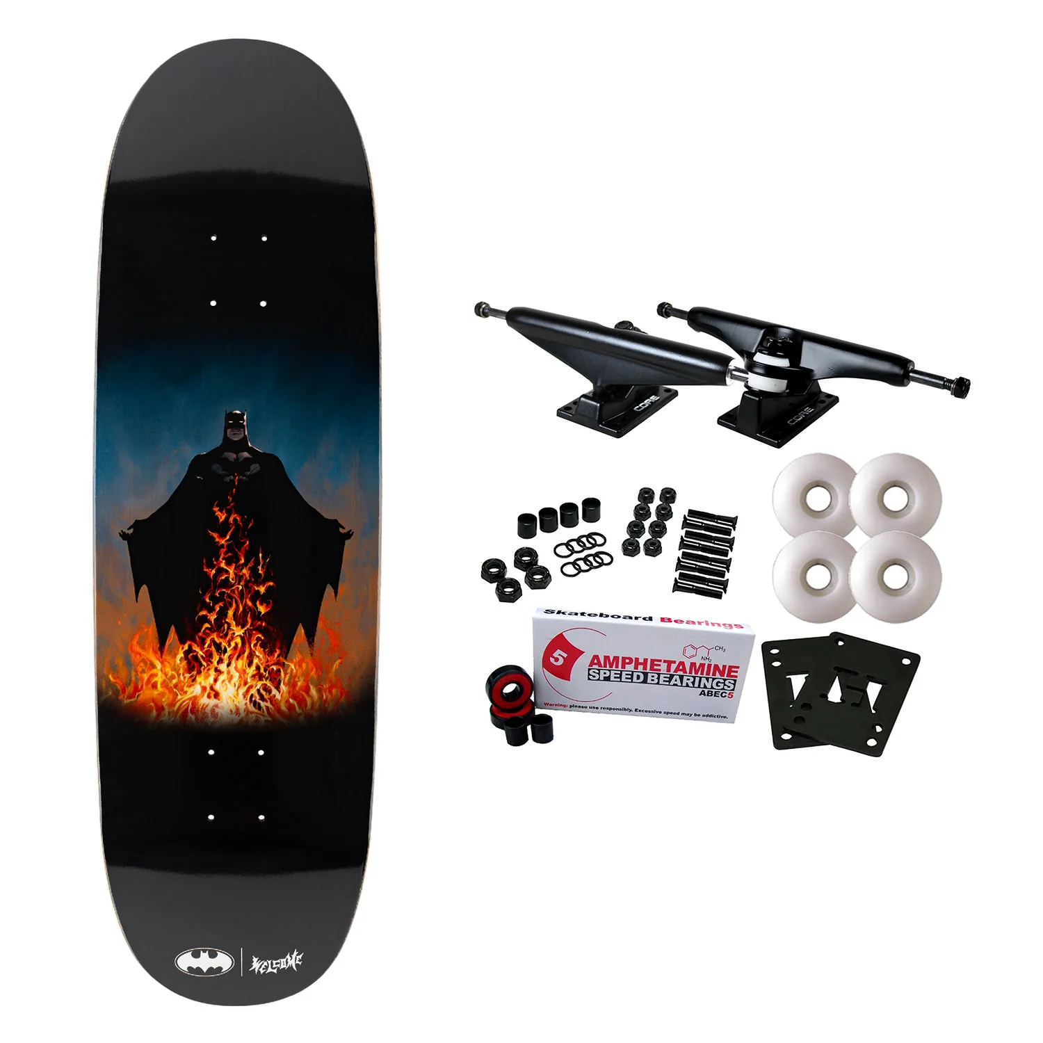 Welcome x Batman Skateboard Complete Bat Flames on Boline 2.0 Black 9.5"