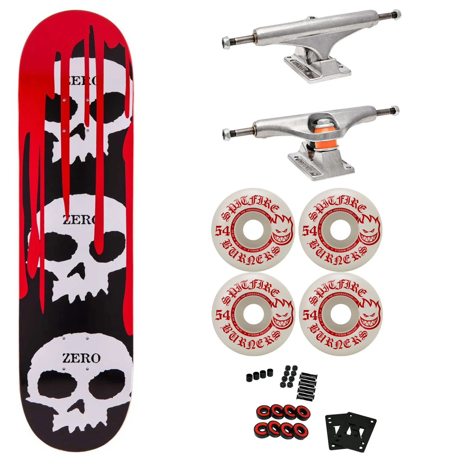Zero Premium Skateboard with Indy Trucks, Spitfire Wheels 8.25" 3 Skulls with Blood